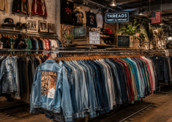 Jajaran jaket denim vintage dan kemeja flanel impor yang terpajang rapi menggunakan gantungan di salah satu toko thrift di Medan