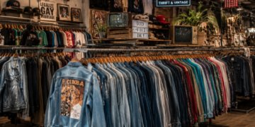 Jajaran jaket denim vintage dan kemeja flanel impor yang terpajang rapi menggunakan gantungan di salah satu toko thrift di Medan