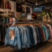 Jajaran jaket denim vintage dan kemeja flanel impor yang terpajang rapi menggunakan gantungan di salah satu toko thrift di Medan