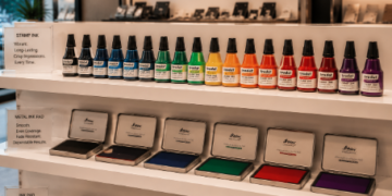 Jajaran botol tinta stempel premium berbagai warna dan alat bak stempel logam minimalis yang tersusun sangat rapi di dalam etalase toko perlengkapan stasioneri kantor