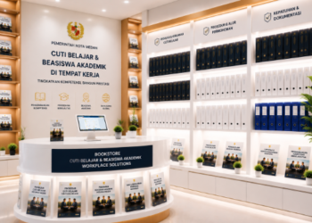 Jajaran tempat buku panduan tugas belajar ASN Pemkot Medan Maju bahan premium untuk usaha pembuatan rencana kualifikasi akademik pegawai dan alat pusat instrumen kualifikasi akademik Medan heavy duty minimalis berbagai folder lembar rekomendasi yang tersusun sangat rapi di dalam etalase toko perlengkapan kantor