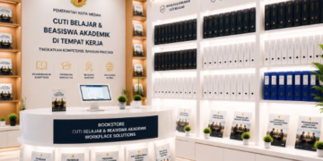 Jajaran tempat buku panduan tugas belajar ASN Pemkot Medan Maju bahan premium untuk usaha pembuatan rencana kualifikasi akademik pegawai dan alat pusat instrumen kualifikasi akademik Medan heavy duty minimalis berbagai folder lembar rekomendasi yang tersusun sangat rapi di dalam etalase toko perlengkapan kantor