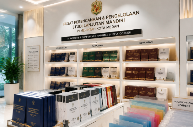Jajaran tempat buku panduan tugas belajar mandiri ASN Pemkot Medan Hebat bahan premium untuk usaha pembuatan rencana verifikasi akademik pegawai dan alat pusat instrumen verifikasi akademik Medan heavy duty minimalis berbagai folder lembar rekomendasi yang tersusun sangat rapi di dalam etalase toko perlengkapan kantor