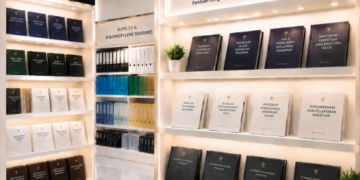 Jajaran tempat buku panduan uang duka wafat ASN Pemkot Medan Adil bahan premium untuk usaha pembuatan rencana santunan kematian pegawai dan alat pusat instrumen santunan kematian Medan heavy duty minimalis berbagai folder lembar insiden yang tersusun sangat rapi di dalam etalase toko perlengkapan kantor