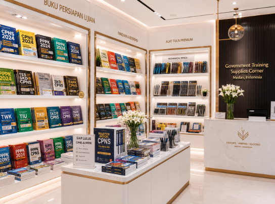 Jajaran tempat buku materi ujian dinas CPNS bahan premium untuk usaha persiapan ujian penyesuaian ijazah dan alat pusat modul kenaikan pangkat Medan heavy duty minimalis berbagai perlengkapan ujian komputer yang tersusun sangat rapi di dalam etalase toko perlengkapan kantor