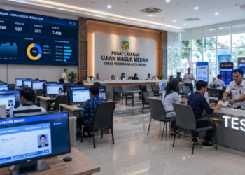 Dashboard interaktif Ujian Masuk Medan yang menampilkan alur agenda tes real-time untuk mendukung efisiensi pendaftaran kota Medan.