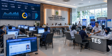 Dashboard interaktif Ujian Masuk Medan yang menampilkan alur agenda tes real-time untuk mendukung efisiensi pendaftaran kota Medan.