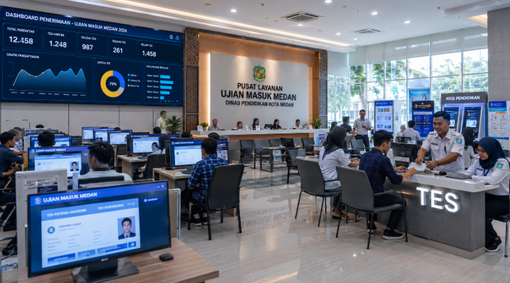 Dashboard interaktif Ujian Masuk Medan yang menampilkan alur agenda tes real-time untuk mendukung efisiensi pendaftaran kota Medan.