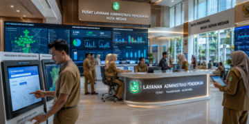 Dashboard interaktif Update Alamat Sekolah yang menampilkan alur pemutakhiran domisili lembaga real-time untuk mendukung efisiensi pendaftaran kota Medan.