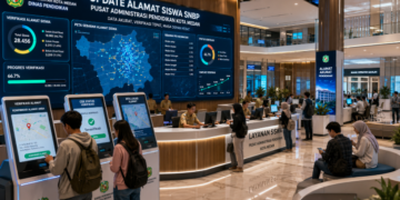 Dashboard interaktif Update Alamat Siswa SNBP yang menampilkan alur pemutakhiran domisili siswa real-time untuk mendukung efisiensi pendaftaran kota Medan.