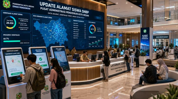 Dashboard interaktif Update Alamat Siswa SNBP yang menampilkan alur pemutakhiran domisili siswa real-time untuk mendukung efisiensi pendaftaran kota Medan.