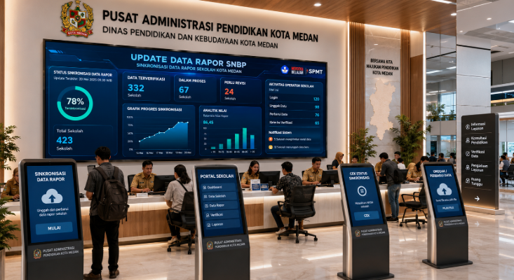 Dashboard interaktif Update Data Rapor SNBP yang menampilkan alur sinkronisasi nilai rapor siswa real-time untuk mendukung efisiensi pendaftaran kota Medan.