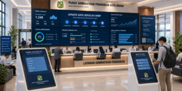 Dashboard interaktif Update Data Sekolah SNBP yang menampilkan alur pemutakhiran profil sekolah real-time untuk mendukung efisiensi pendaftaran kota Medan.