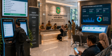 Dashboard interaktif Update Data Siswa yang menampilkan alur sinkronisasi informasi real-time untuk mendukung efisiensi pendaftaran kota Medan.