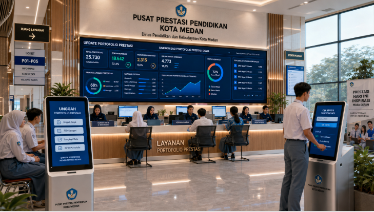 Dashboard interaktif Update Portofolio Prestasi yang menampilkan alur sinkronisasi karya prestasi siswa real-time untuk mendukung efisiensi pendaftaran kota Medan.