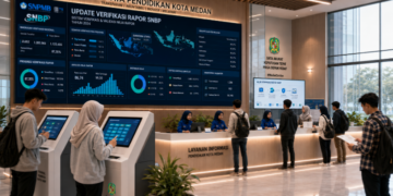 Dashboard interaktif Update Verifikasi Rapor SNBP yang menampilkan alur validasi nilai rapor siswa real-time untuk mendukung efisiensi pendaftaran kota Medan.