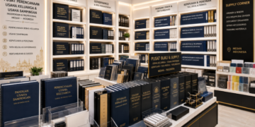 Jajaran tempat buku panduan usaha sampingan ASN Pemkot Medan Legal bahan premium untuk usaha pembuatan rencana clearance usaha pegawai dan alat pusat instrumen clearance usaha Medan heavy duty minimalis berbagai folder lembar legalitas yang tersusun sangat rapi di dalam etalase toko perlengkapan kantor