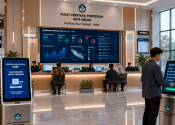 Dashboard interaktif Verifikasi Akun Sekolah yang menampilkan alur validasi identitas lembaga real-time untuk mendukung efisiensi pendaftaran kota Medan.