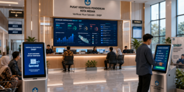 Dashboard interaktif Verifikasi Akun Sekolah yang menampilkan alur validasi identitas lembaga real-time untuk mendukung efisiensi pendaftaran kota Medan.