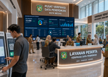 Dashboard interaktif Verifikasi Data Pendaftar yang menampilkan alur validasi identitas pendaftar real-time untuk mendukung efisiensi pendaftaran kota Medan.