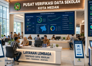Dashboard interaktif Verifikasi Data Sekolah yang menampilkan alur validasi profil lembaga real-time untuk mendukung efisiensi pendaftaran kota Medan.