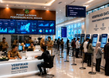 Dashboard interaktif Verifikasi Data Siswa yang menampilkan alur pengecekan informasi real-time untuk mendukung efisiensi pendaftaran kota Medan.