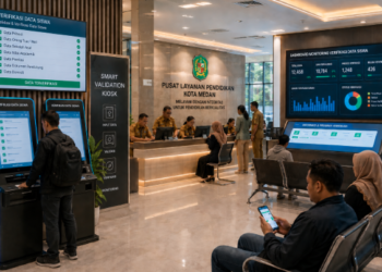 Dashboard interaktif Verifikasi Data Siswa yang menampilkan alur validasi informasi real-time untuk mendukung efisiensi pendaftaran kota Medan.