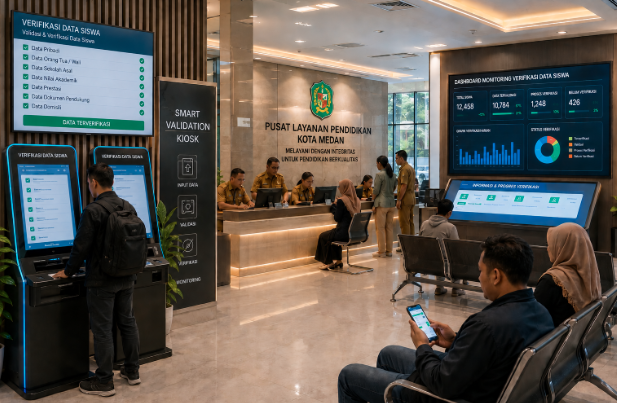 Dashboard interaktif Verifikasi Data Siswa yang menampilkan alur validasi informasi real-time untuk mendukung efisiensi pendaftaran kota Medan.