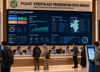 Dashboard interaktif Verifikasi Dokumen SNBP yang menampilkan alur validasi berkas pendaftaran siswa real-time untuk mendukung efisiensi pendaftaran kota Medan.
