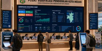 Dashboard interaktif Verifikasi Dokumen SNBP yang menampilkan alur validasi berkas pendaftaran siswa real-time untuk mendukung efisiensi pendaftaran kota Medan.