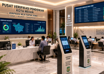 Dashboard interaktif Verifikasi Nilai Rapor yang menampilkan alur validasi nilai akademik siswa real-time untuk mendukung efisiensi pendaftaran kota Medan.