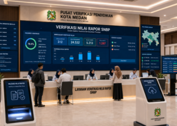 Dashboard interaktif Verifikasi Nilai Rapor SNBP yang menampilkan alur validasi nilai rapor siswa real-time untuk mendukung efisiensi pendaftaran kota Medan.