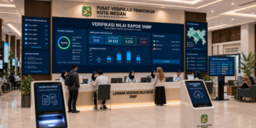 Dashboard interaktif Verifikasi Nilai Rapor SNBP yang menampilkan alur validasi nilai rapor siswa real-time untuk mendukung efisiensi pendaftaran kota Medan.