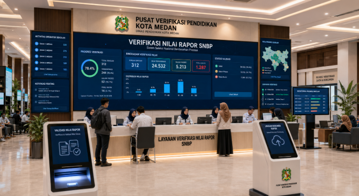 Dashboard interaktif Verifikasi Nilai Rapor SNBP yang menampilkan alur validasi nilai rapor siswa real-time untuk mendukung efisiensi pendaftaran kota Medan.