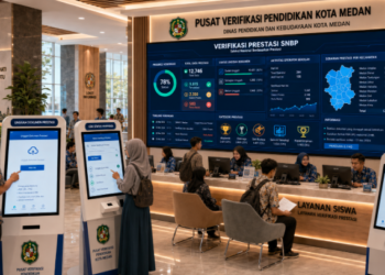 Dashboard interaktif Verifikasi Prestasi SNBP yang menampilkan alur validasi sertifikat siswa real-time untuk mendukung efisiensi pendaftaran kota Medan.