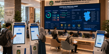 Dashboard interaktif Verifikasi Prestasi SNBP yang menampilkan alur validasi sertifikat siswa real-time untuk mendukung efisiensi pendaftaran kota Medan.