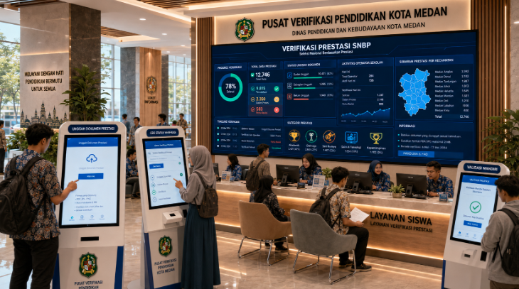 Dashboard interaktif Verifikasi Prestasi SNBP yang menampilkan alur validasi sertifikat siswa real-time untuk mendukung efisiensi pendaftaran kota Medan.