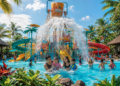 Keseruan anak-anak saat bermain di area kolam ombak dan seluncuran raksasa di salah satu waterpark di Medan yang sangat megah