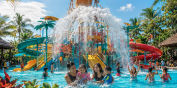 Keseruan anak-anak saat bermain di area kolam ombak dan seluncuran raksasa di salah satu waterpark di Medan yang sangat megah