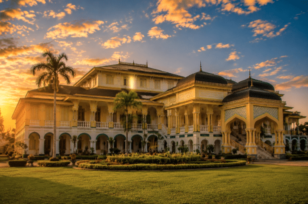 Keindahan arsitektur Istana Maimun saat matahari terbenam, ikon wisata budaya dan sejarah di Kota Medan.