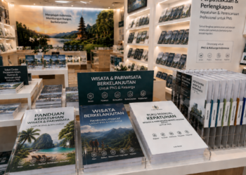 Jajaran tempat buku panduan wisata mandiri ASN Pemkot Medan Jujur bahan premium untuk usaha pembuatan rencana clearance pelesir pegawai dan alat pusat instrumen clearance pelesir Medan heavy duty minimalis berbagai folder lembar jaminan yang tersusun sangat rapi di dalam etalase toko perlengkapan kantor